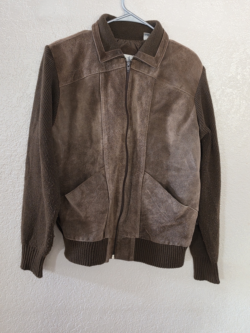 Men's Brown Suede Zip-Up Jacket with Knit Sleeves Mister Mar L